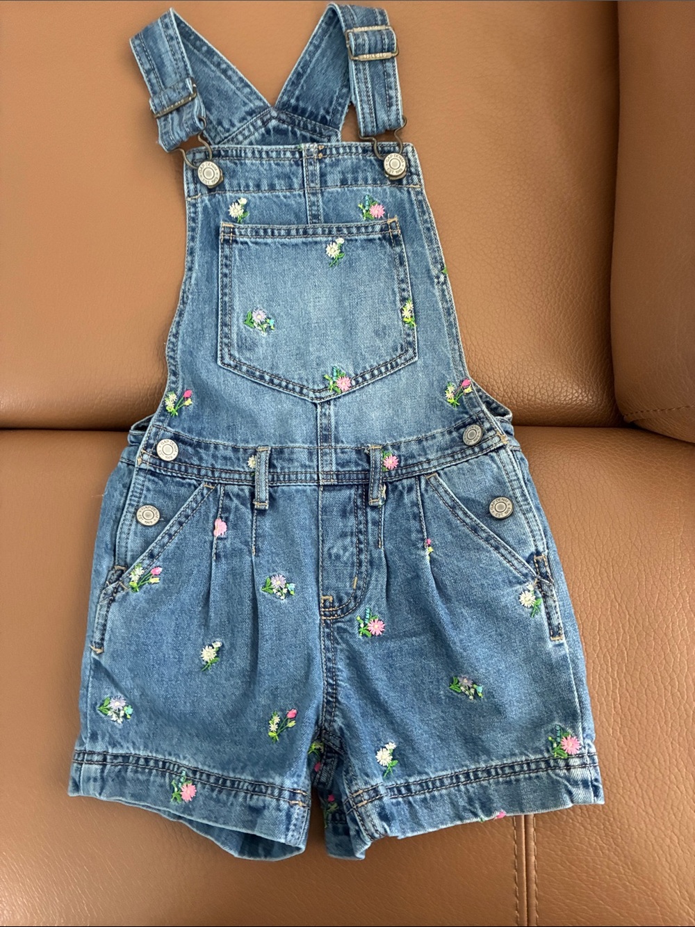 GAP Blue Denim Short Overalls with Pink & Green Floral Embroidery size small